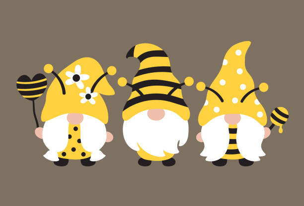 Three Cute Bee Gnomes Vector Illustration Three spring and summer bee gnomes in stripe and polka dot bee costume vector illustration. Gnome stock illustrations