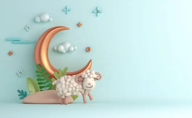 Photo of Eid al adha islamic decoration background with goat sheep crescent, ramadan kareem, mawlid, iftar, isra miraj, eid al fitr, muharram, copy space text area, 3D illustration.