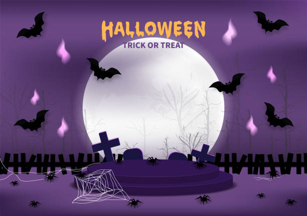 ilustrações de stock, clip art, desenhos animados e ícones de halloween background. stage podium decorated with halloween day elements, bats, spiders, spider web, cross sign, gravestone, silhouette backdrop scary. pedestal with for product. vector illustration. - cross spider