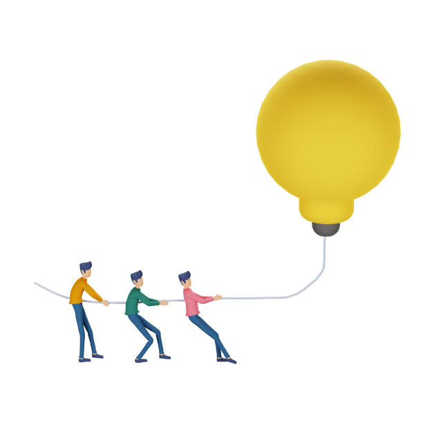 3D render illustration of teamwork business brainstorming Idea concept with big yellow light bulb lamp, tiny people character. innovation solution. template for web landing page, banner, presentation render 3d ilustración de la lluvia de ideas de negocios en equipo concepto de idea con gran lámpara de bombilla amarilla, personaje de personas diminutas. solución de innovación. plantilla para página de destino web, banner, presentación