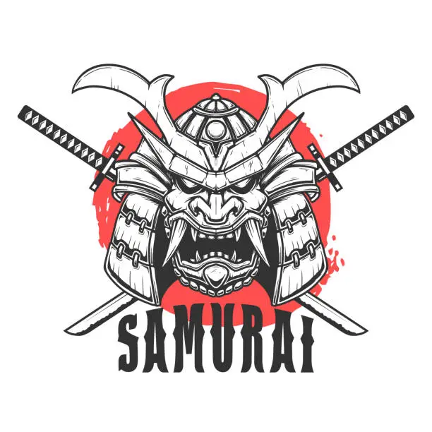 Vector illustration of Samurai helmet with crossed swords. Design element for poster, card, banner, t shirt. Vector illustration