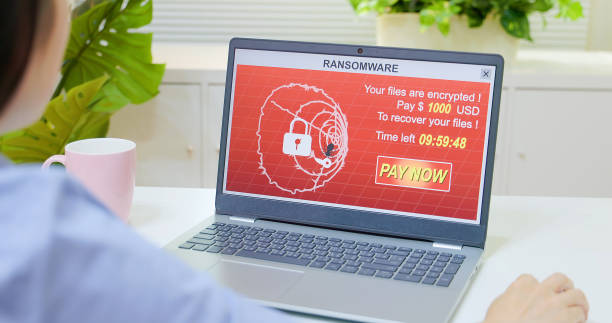 Computer security and extortion rear view of asian worried businesswoman looking at laptop computer with ransomware attack words on the screen in office ransomware stock pictures, royalty-free photos & images