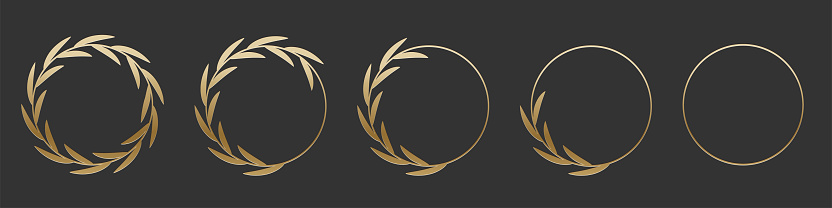 Golden laurel wreath round frame set. Gold rings with leaves, circle award logo or emblem vector illustration. Roman circular badge for anniversary, wedding, award isolated on gray background.