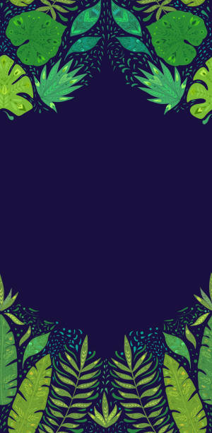 istock Vertical card with pattern with monstera, banana and liana leaves and copy space on dark blue background. Tropical greeting card. Banner with jungle foliage. Vector template 1324989558