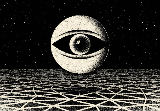 Retro dotwork landscape with 60s or 80s styled alien robotic space eye over the desert planet on the background with old sci-fi style Retro dotwork landscape with 60s or 80s styled alien robotic space eye over the desert planet on the background with old sci-fi book or poster eyeball stock illustrations