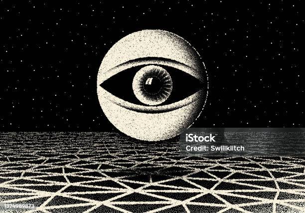 Retro Dotwork Landscape With 60s Or 80s Styled Alien Robotic Space Eye Over The Desert Planet On The Background With Old Scifi Style Stock Illustration - Download Image Now