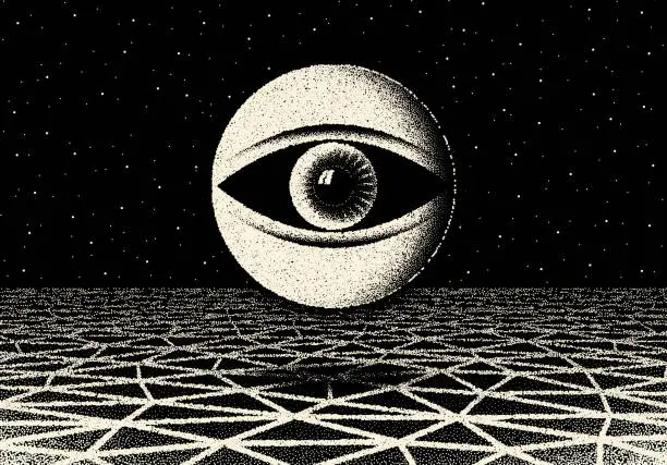 Vector illustration of Retro dotwork landscape with 60s or 80s styled alien robotic space eye over the desert planet on the background with old sci-fi style