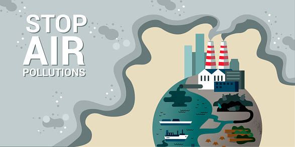 Vector banner-a call to stop air pollution. Illustration on the theme of environmental disaster, gas emissions from factories, cars, deforestation and ocean pollution. A poster with Planet Earth and a slogan on the background of smoke.
