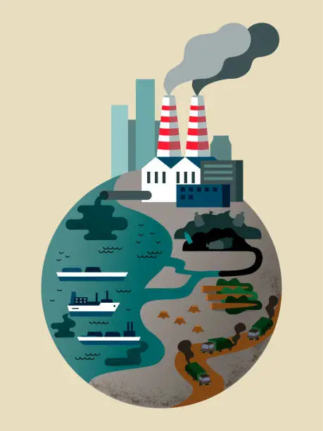 Vector illustration of Environmental disaster. Dirty planet Earth.  Industrial pollution, garbage dumps, deforestation, pollution of the world's oceans, waste water, atmospheric pollution, global climate change. Vector concept on the topic of ecology.