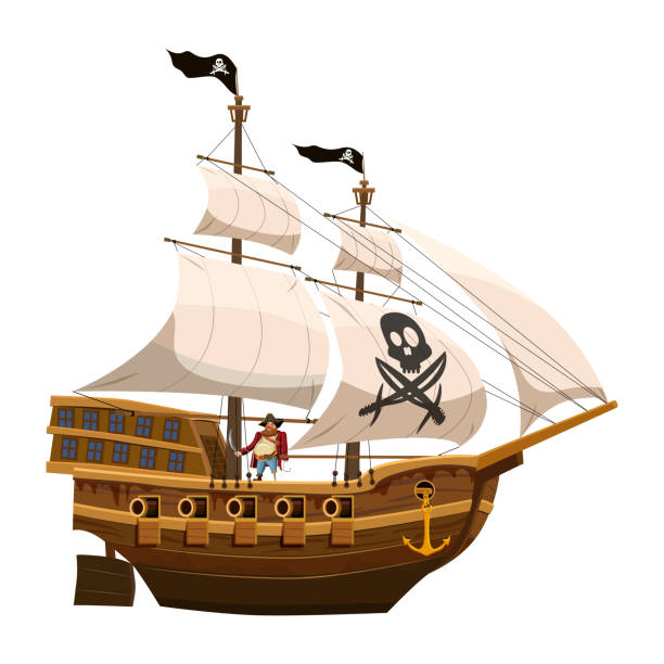 piratenschiff segel, holz altes segelboot mit kapitän. buccaneer filibuster corsair mit schwarzer flagge schädel, jolly rodger. vektor-illustration cartoon-stil - piratenschiff stock-grafiken, -clipart, -cartoons und -symbole