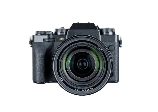 caméra sans miroir moderne vintage isolée sur fond blanc vue de face - appareil photo photos et images de collection