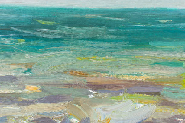 海の油絵。抽象的なターコイズブルーの海景。印象派、プレイン・エアー・スケッチ、フラグメント - painting artist landscape painted image ストックフォトと画像