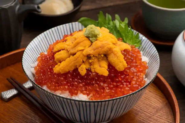UNI-IKURA-DON, Japanese food with sea urchin and salmon roe on rice bowl