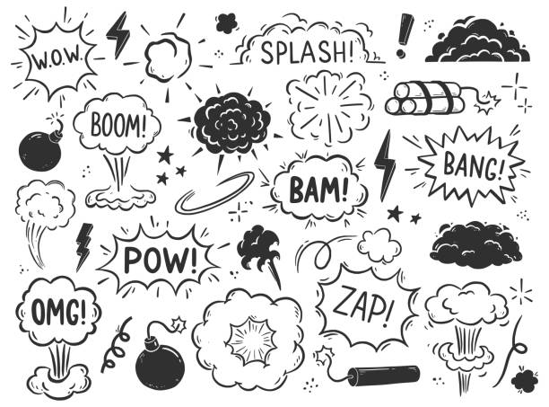 Hand drawn explosion, bomb element Hand drawn explosion, bomb element. Comic doodle sketch style. Explosion speech bubble with pow, boom, omg text. Vector illustration. bomb stock illustrations