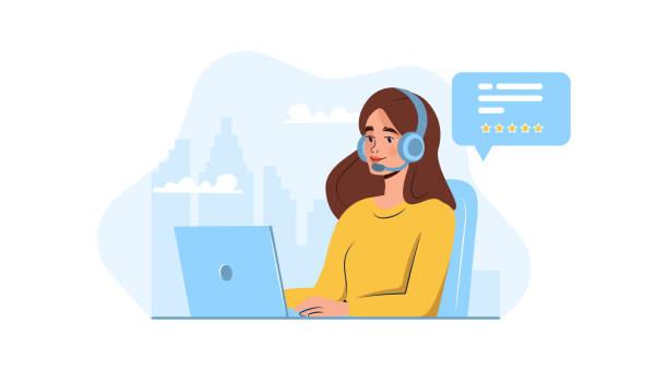 Customer service. Woman with headphones and microphone with laptop Customer service. Woman with headphones and microphone with laptop. Concept illustration for support, assistance, call center. Vector illustration in flat style service clipart stock illustrations