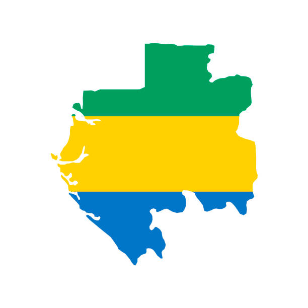 ilustraciones, imágenes clip art, dibujos animados e iconos de stock de silueta del mapa de gabón con bandera sobre fondo blanco - gabón mapa bandera