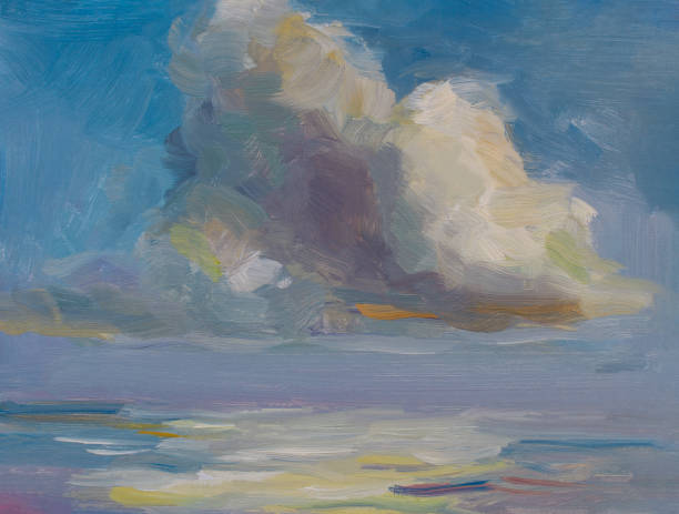 obraz olejowy w chmurze. abstrakcyjny niebieski pejzaż morski z chmurami cumulus. impresjonizm, etiuda plenerowa - wiatr obrazy stock illustrations