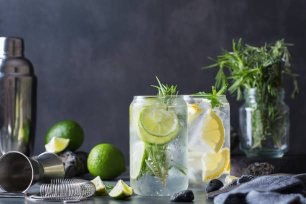 hard seltzer cocktails with lime and lemon and bartenders accessories - hard drink imagens e fotografias de stock