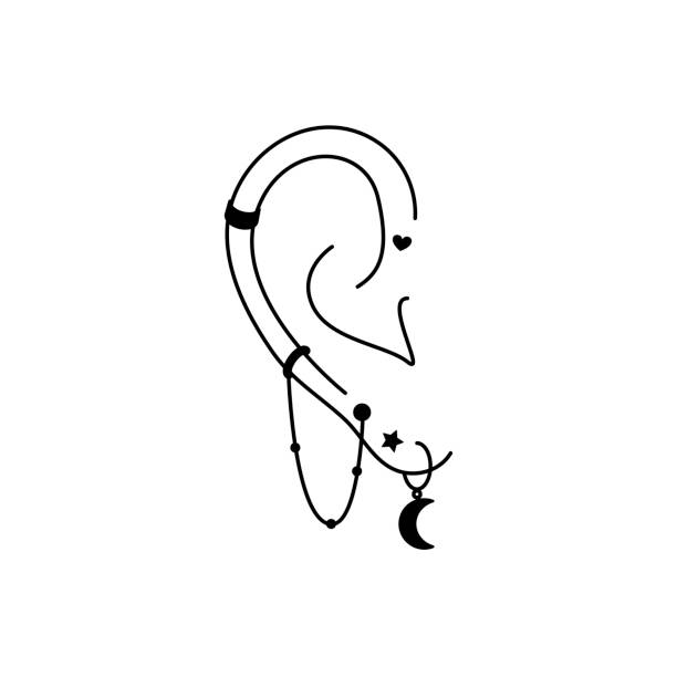 Female trendy illustrations - ear with earrings Female trendy illustrations - ear with earrings cartilage piercings stock illustrations