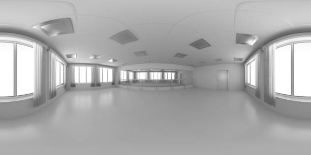 Empty white ballroom colorless 360 degrees panorama Empty white ballroom with white flat walls, floor, ceiling with lamps and window with white curtains, colorless 360 degrees spherical panorama background, HDRI environment map, 3D illustration. high dynamic range imaging stock pictures, royalty-free photos & images