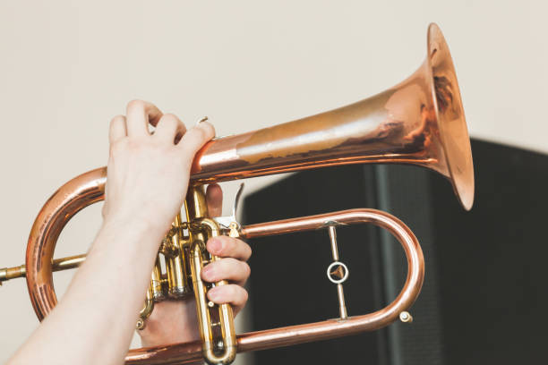 flugelhorn in den händen, nahaufnahme foto - brass instrument trumpet classical music flugelhorn stock-fotos und bilder