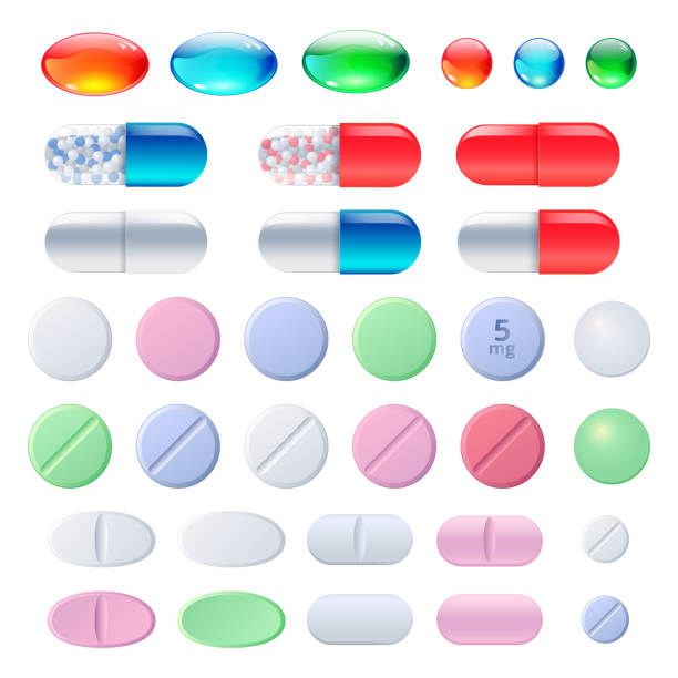 illustrations, cliparts, dessins animés et icônes de pilules, comprimés et médicaments, ensemble de capsules - pill multi colored medicine healthcare and medicine