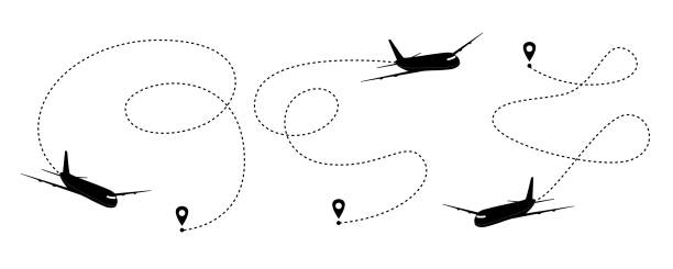 bildbanksillustrationer, clip art samt tecknat material och ikoner med set of airplane dotted line on white background. vector airplane route. tourist route line. - kondensspår