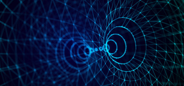 technology wireframe tunnel on blue background. futuristic 3d grid. digital dynamic wave. 3d rendering. - astrofysica stockfoto's en -beelden