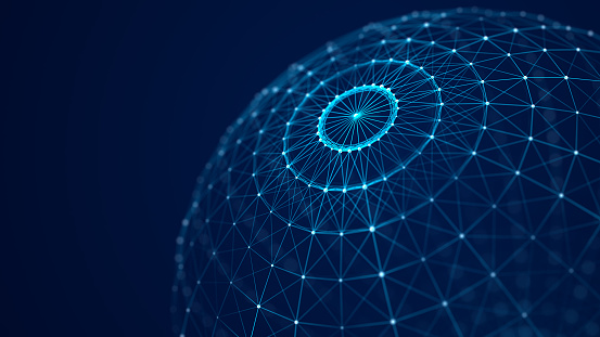 Tecnología esfera azul con puntos de conexión y liles. Estructura de red abstracta digital. Renderizado 3D. photo