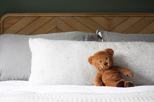 A brown teddy bear on a bed.