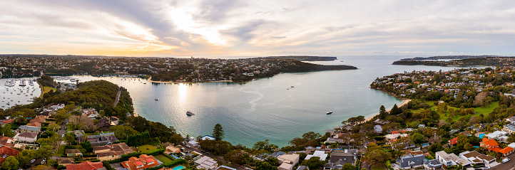 Aerial view of Port Jackson,North Harbour and The spit, Mosman, Balmoral, Middle Head, Sydney, Australia