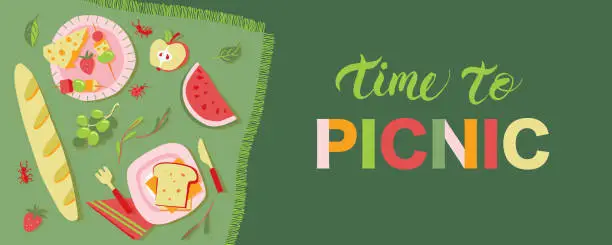 Vector illustration of drawing of various picnic foods such as cheese, baguette, strawberries, grapes, watermelon, sandwich