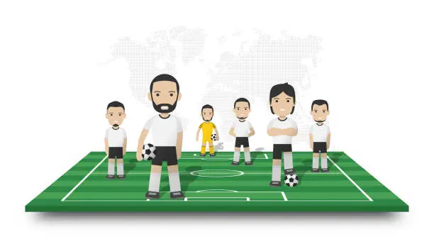 Vector illustration of Soccer players team stand on perspective football field . Dotted world map on white isolated background . Sportsman cartoon character . 3D Vector design .