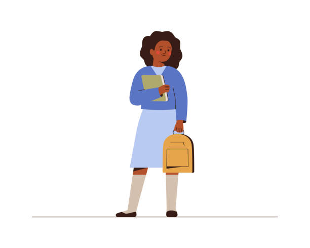 illustrations, cliparts, dessins animés et icônes de fille souriante de retour à l’école ou au collège. étudiante afro-américaine avec sac à dos et livre en uniforme scolaire. - 14 15 ans