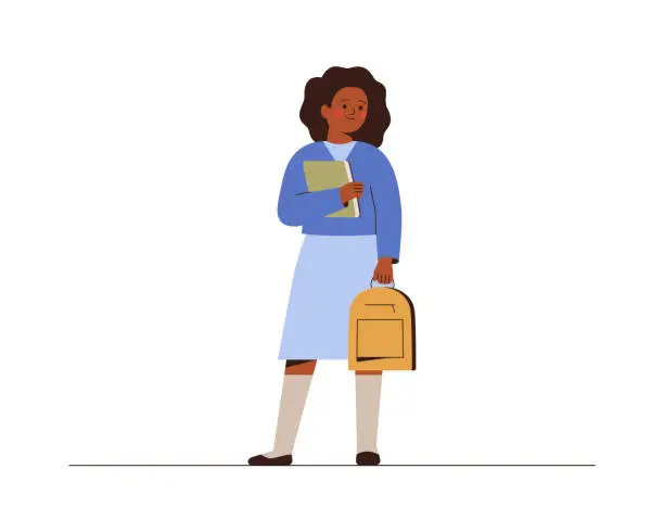 Vector illustration of Smiling girl back to school or college. African American female student with backpack and book in school uniform.