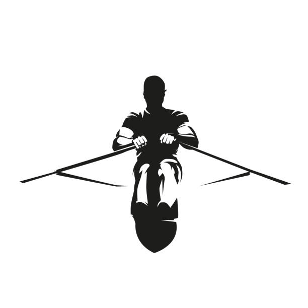 Rowing, athlete rows, front view isolated vector silhouette. Water sport Rowing, athlete rows, front view isolated vector silhouette. Water sport sport rowing stock illustrations