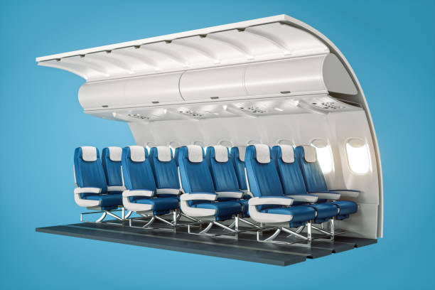 Aircraft Cabin Cross-Section 3D cross-section of airplane cabin with economy class seats. passenger cabin stock pictures, royalty-free photos & images