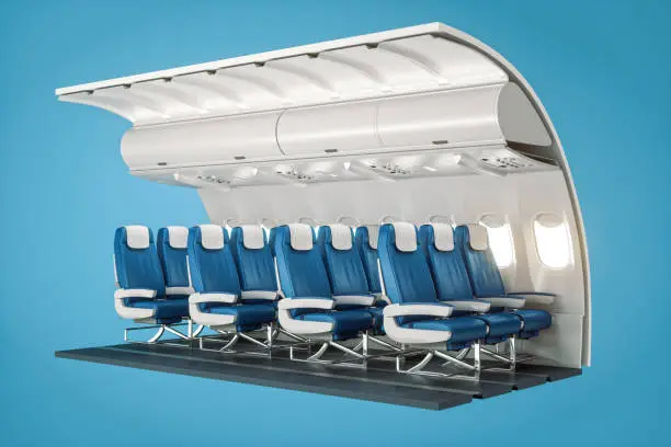 3D cross-section of airplane cabin with economy class seats.