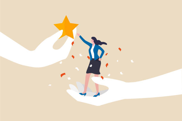 ilustrações de stock, clip art, desenhos animados e ícones de employee success recognition, encourage and motivate best performance, cheering or honor on success or achievement concept, winning confidence businesswoman standing on big hand getting star reward. - bônus