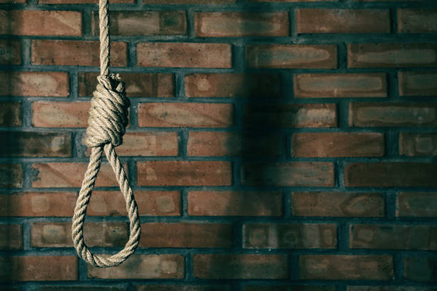 istock Rope noose with knot hanging near brick wall, space for text 1325014048