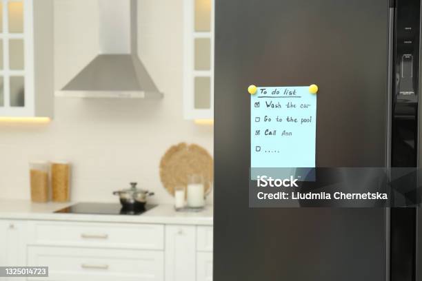 To Do List On Fridge In Kitchen Space For Text Stock Photo - Download Image Now - Refrigerator, Magnet, Note - Message