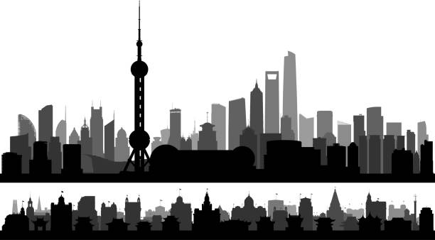 illustrations, cliparts, dessins animés et icônes de pudong and the bund, shanghai, chine (tous les bâtiments sont complets et déplaçables) - huangpu district illustrations