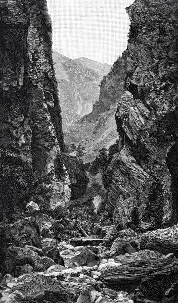 Crete, Chania canyon Illustration from 19th century. crete cartoon stock illustrations