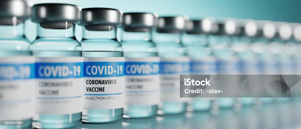 Row of Coronavirus vaccine flasks. Shallow depth of field. Row of Coronavirus vaccine flasks. Shallow depth of field. 3D render. 3D illustration. Vaccination Stock Photo