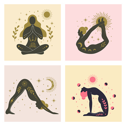 Yoga girls various asanas, women with sun, moon and floral abstract elements. Yoga meditating and concentration, exercise patience, position asana aura, vector illustration