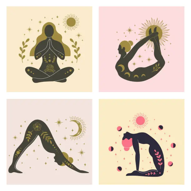 Vector illustration of Yoga girls various asanas, women with sun, moon and floral abstract elements