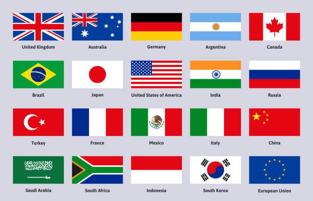 illustrazioni stock, clip art, cartoni animati e icone di tendenza di gruppo di venti bandiere. i principali paesi del mondo avanzato ed emergente, cina, brasile e italia firmano un set di illustrazioni vettoriali. emblemi della bandiera dei paesi del g20 - argentina arabia saudita