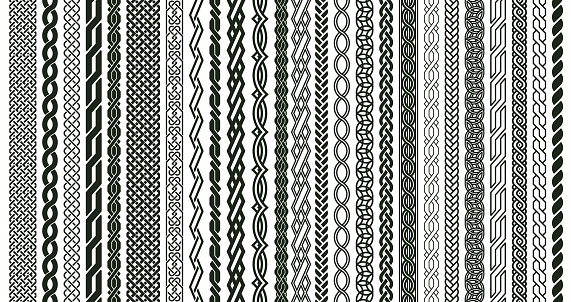 Celtic braids patterns. Braided Irish pattern seamless borders, knotted braid ornaments isolated vector illustration set. Woven celtic braids elements. Twisted cord and braided, border pattern