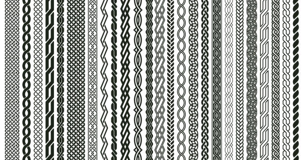 Celtic braids patterns. Braided Irish pattern seamless borders, knotted braid ornaments isolated vector illustration set. Woven celtic braids elements Celtic braids patterns. Braided Irish pattern seamless borders, knotted braid ornaments isolated vector illustration set. Woven celtic braids elements. Twisted cord and braided, border pattern braided stock illustrations