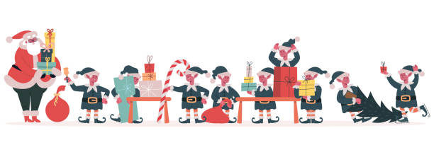 크리스마스 엘프 공장. 산타 클로스와 엘프 팩 휴일 선물, 크리스마스를 만드는 산타 도우미는 벡터 일러스트를 제공합니다. 산타 클로스 엘프 워크샵 - santa claus elf christmas holiday stock illustrations